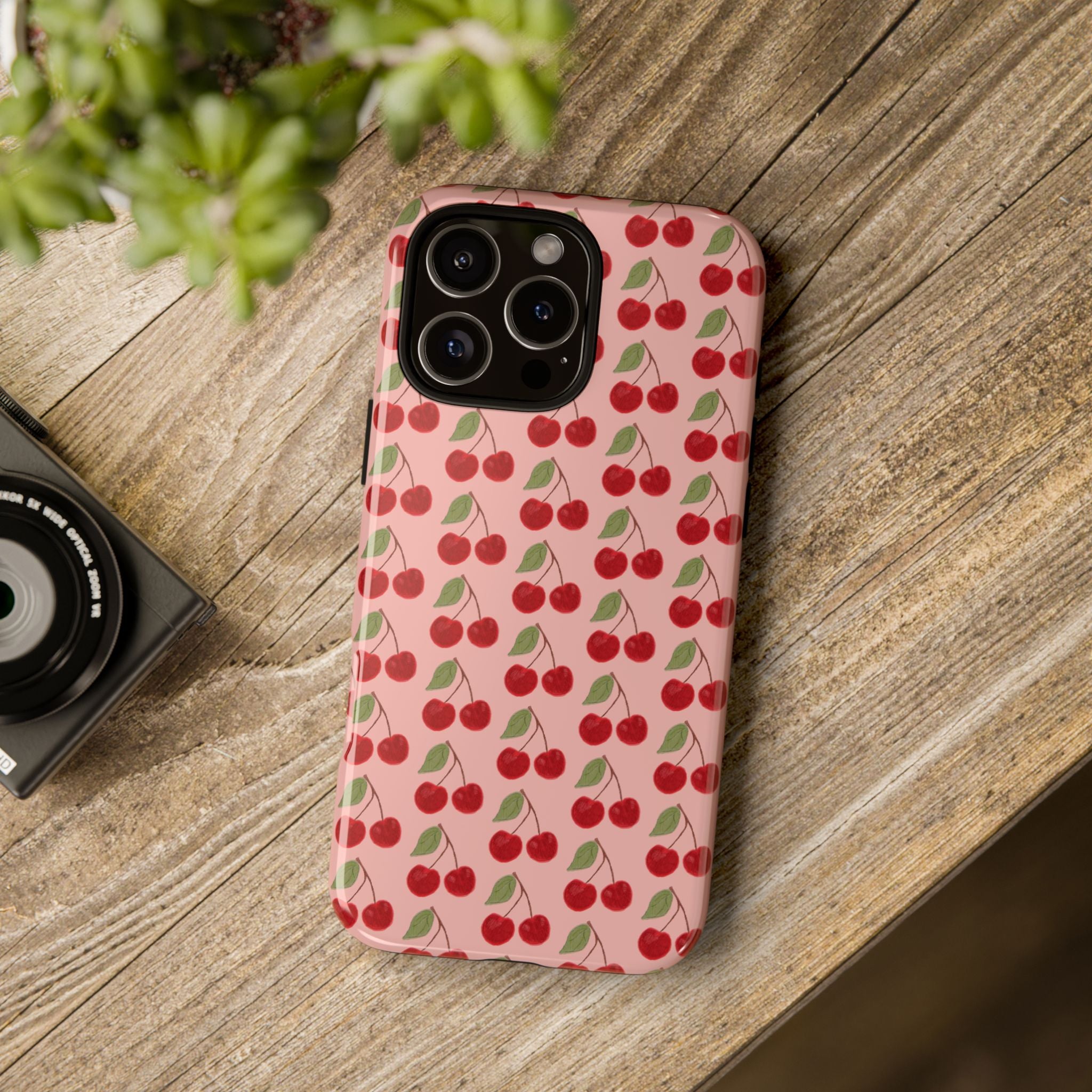 Cherry Pattern Tough Phone Case — Cute Pink Retro Fruit Protective Cover