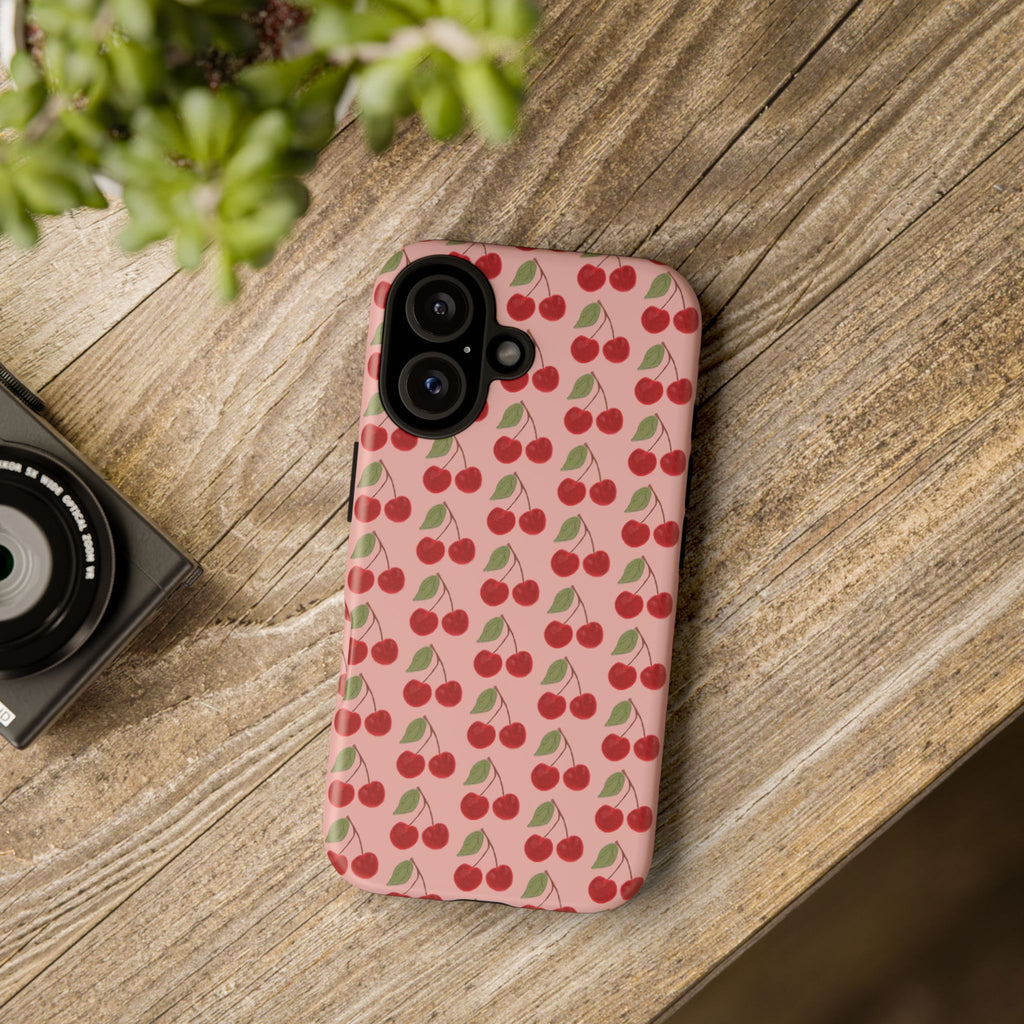 Cherry Pattern Tough Phone Case — Cute Pink Retro Fruit Protective Cover