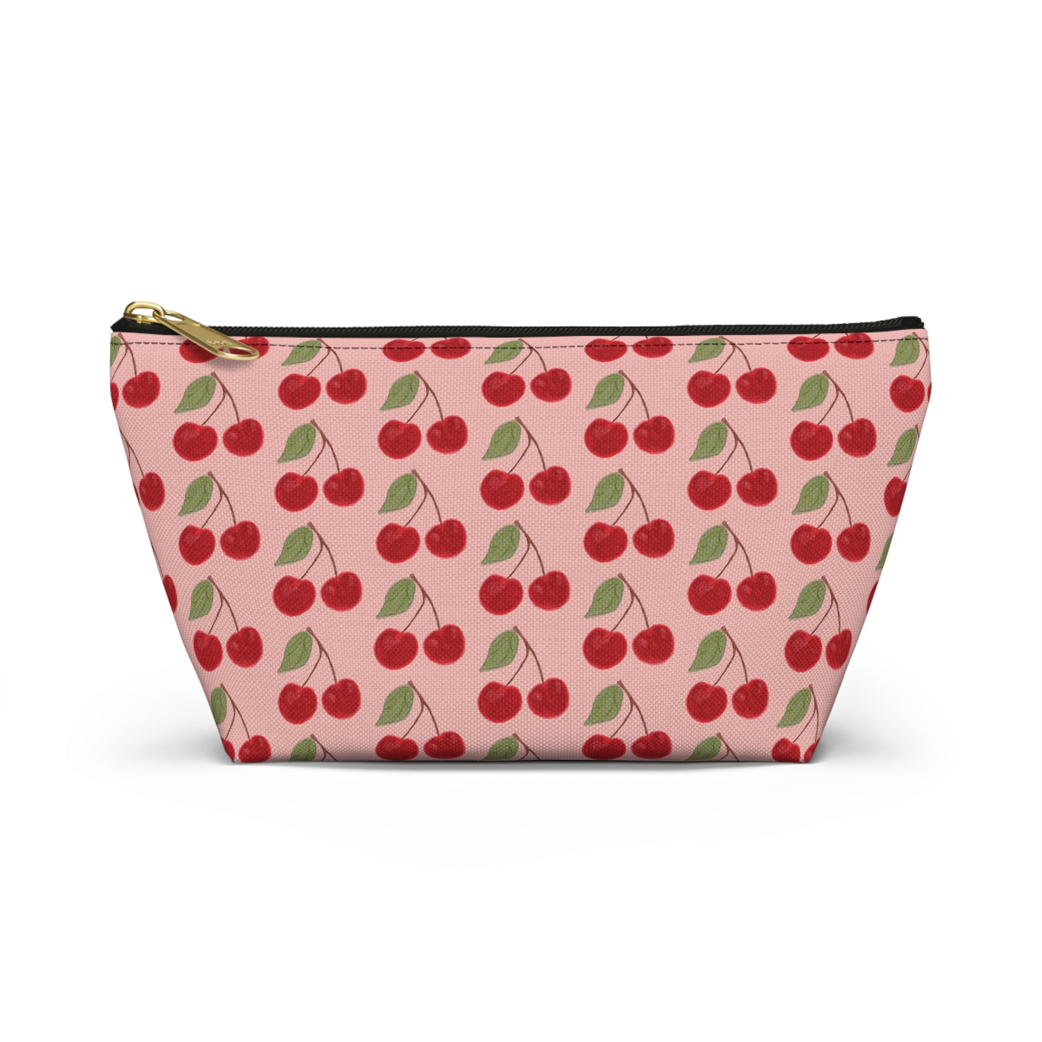 Cherry Pattern Accessory Pouch — Pink Cosmetic Bag with T-Bottom