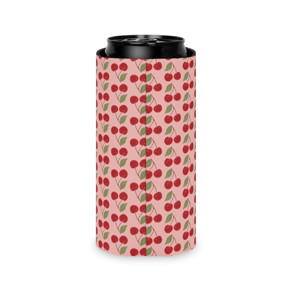 Cherry Pattern Can Cooler — Retro Pink Cherry Drink Koozie
