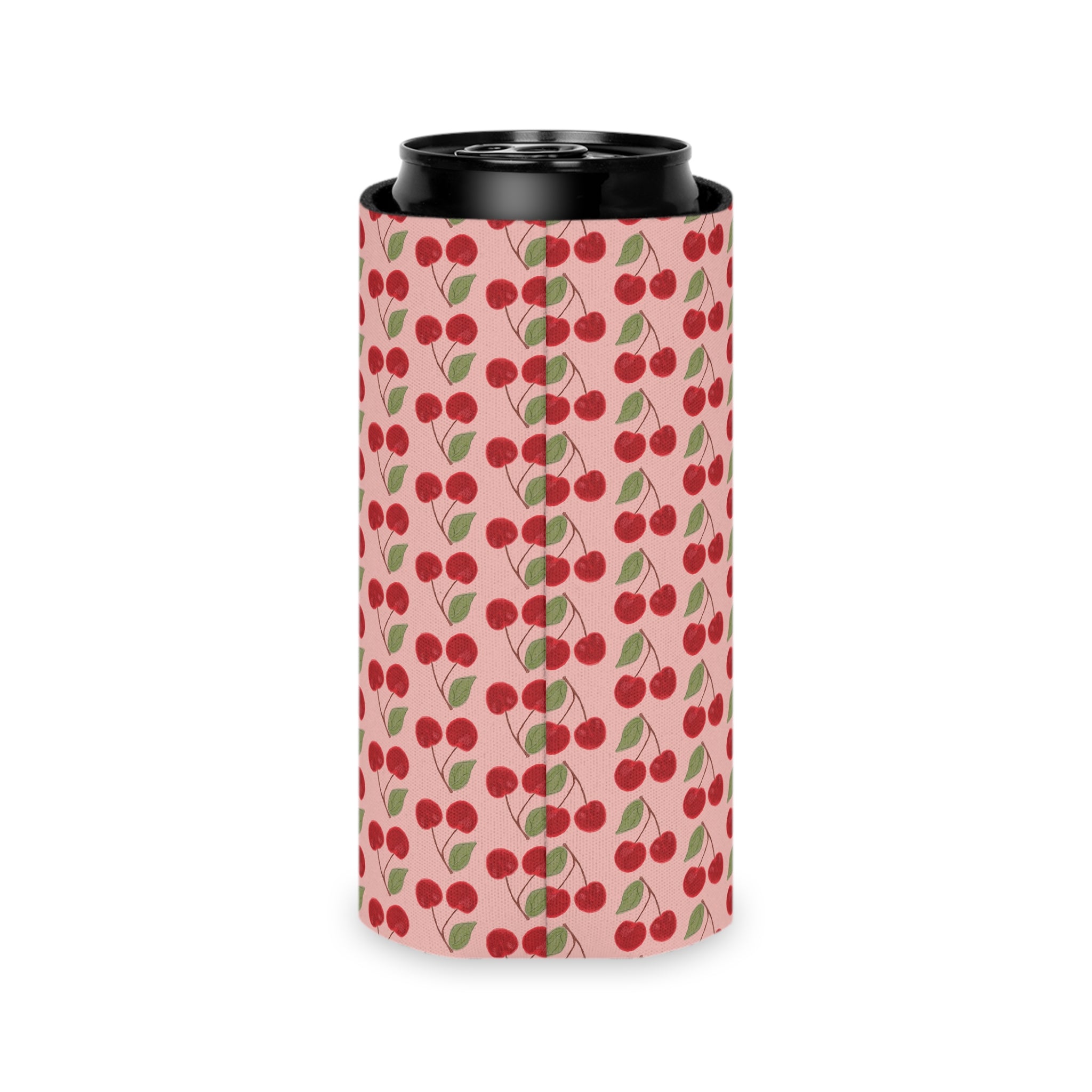 Cherry Pattern Can Cooler — Retro Pink Cherry Drink Koozie