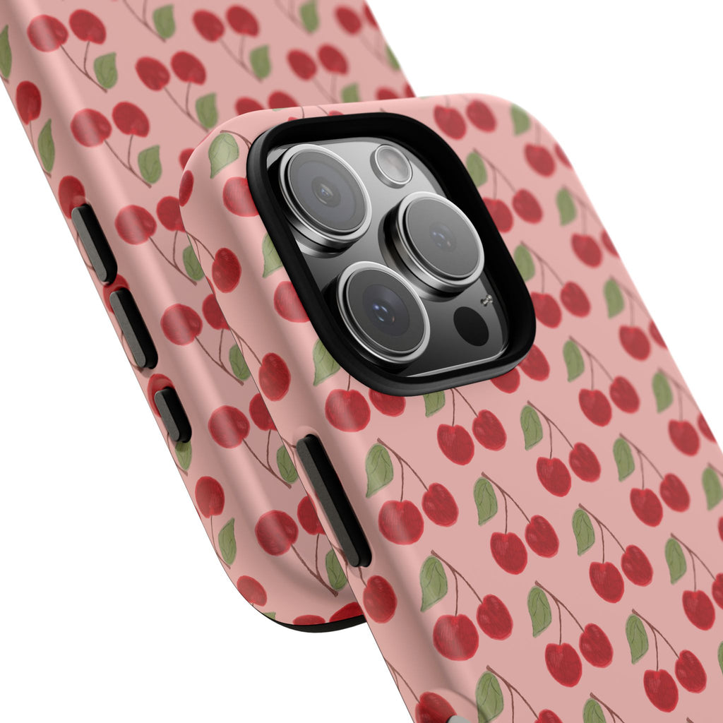 Cherry Pattern Tough Phone Case — Cute Pink Retro Fruit Protective Cover
