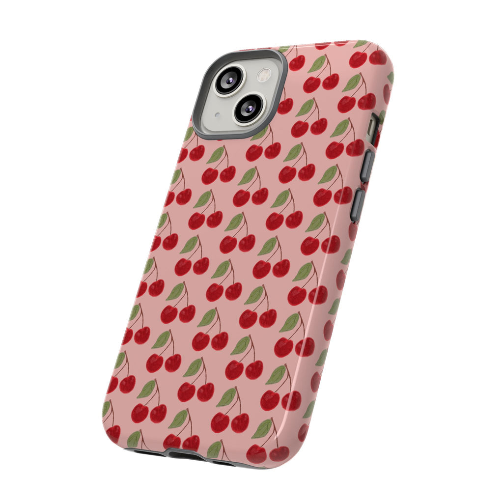 Cherry Pattern Tough Phone Case — Cute Pink Retro Fruit Protective Cover