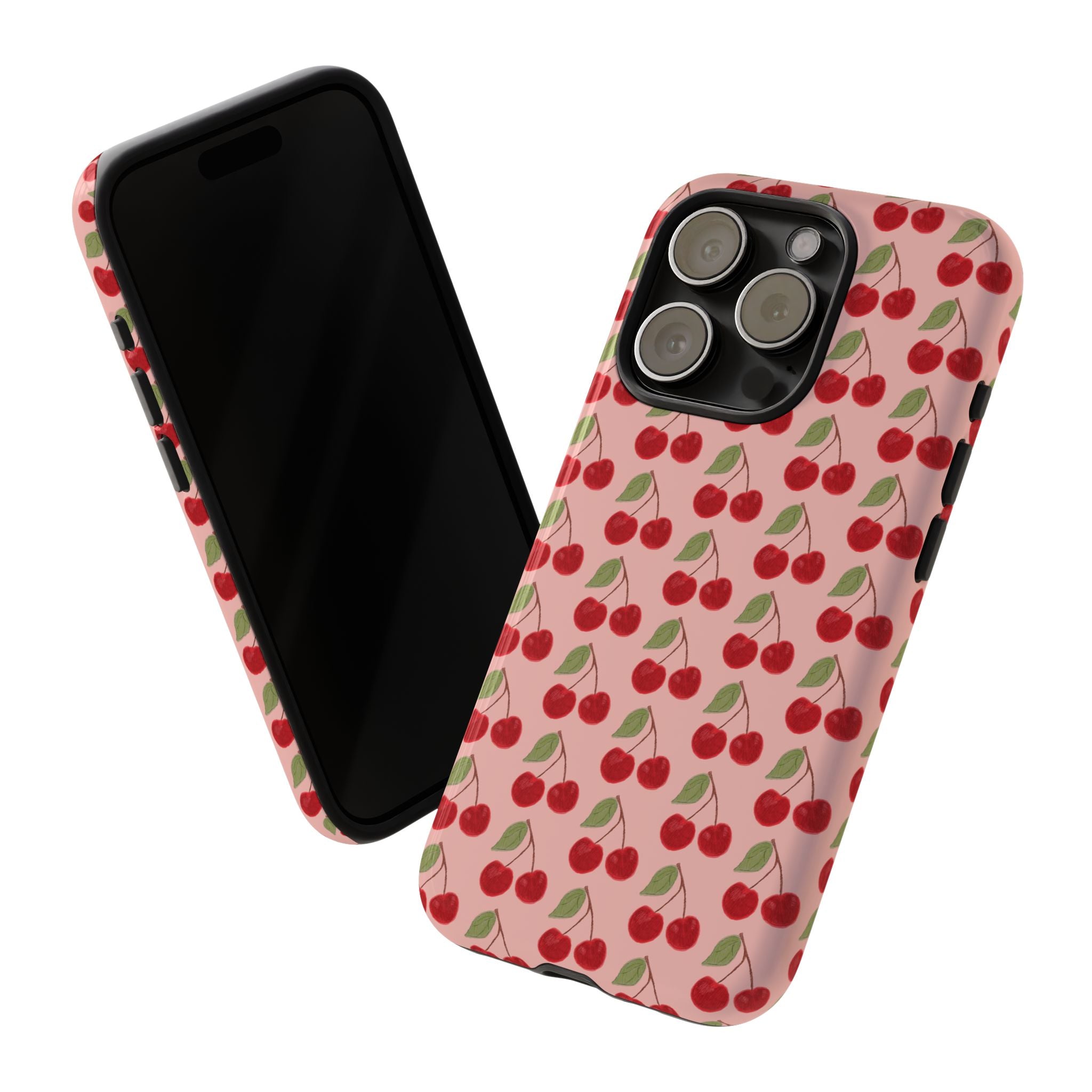 Cherry Pattern Tough Phone Case — Cute Pink Retro Fruit Protective Cover