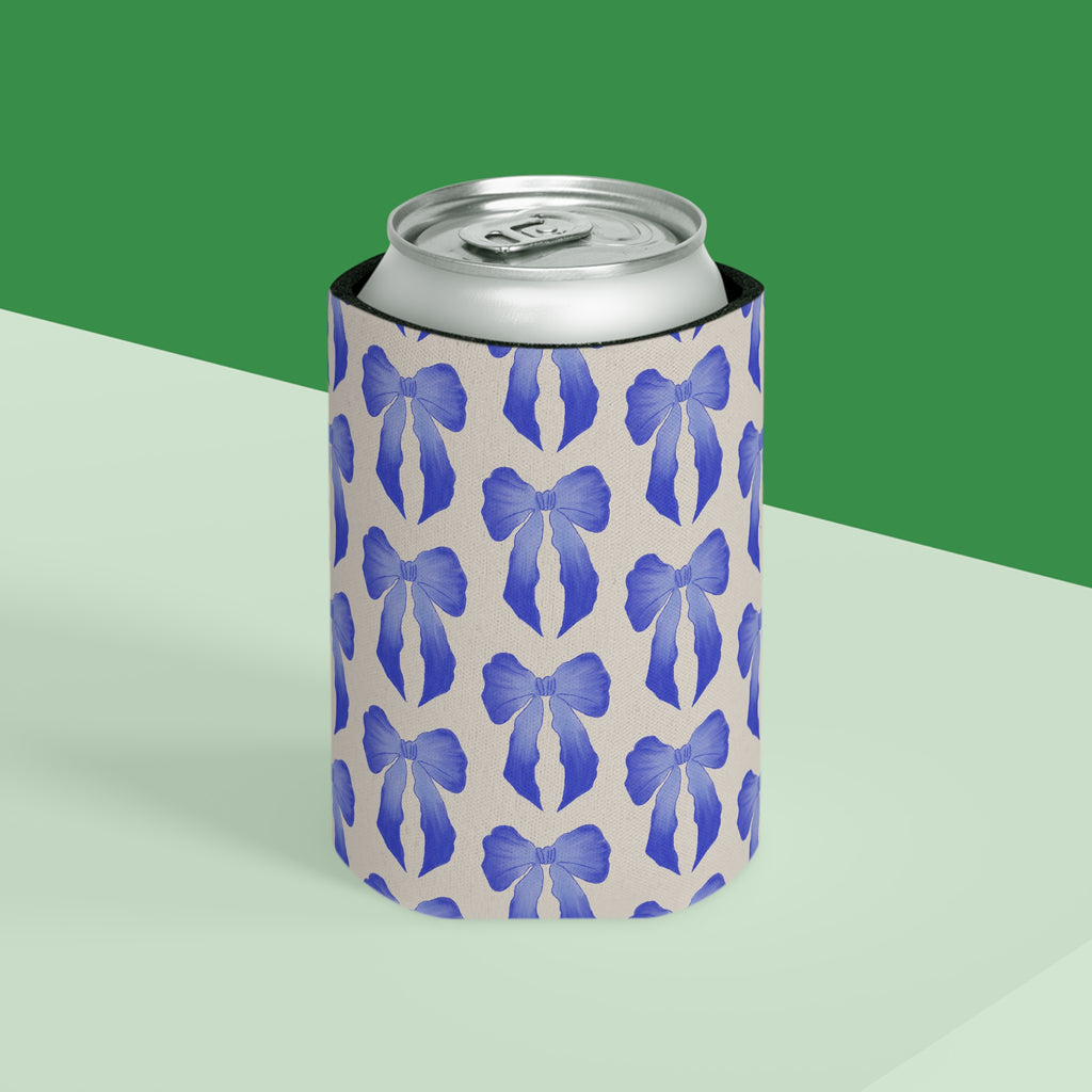 Can Cooler — Blue Watercolor Bow Pattern Drink Insulator