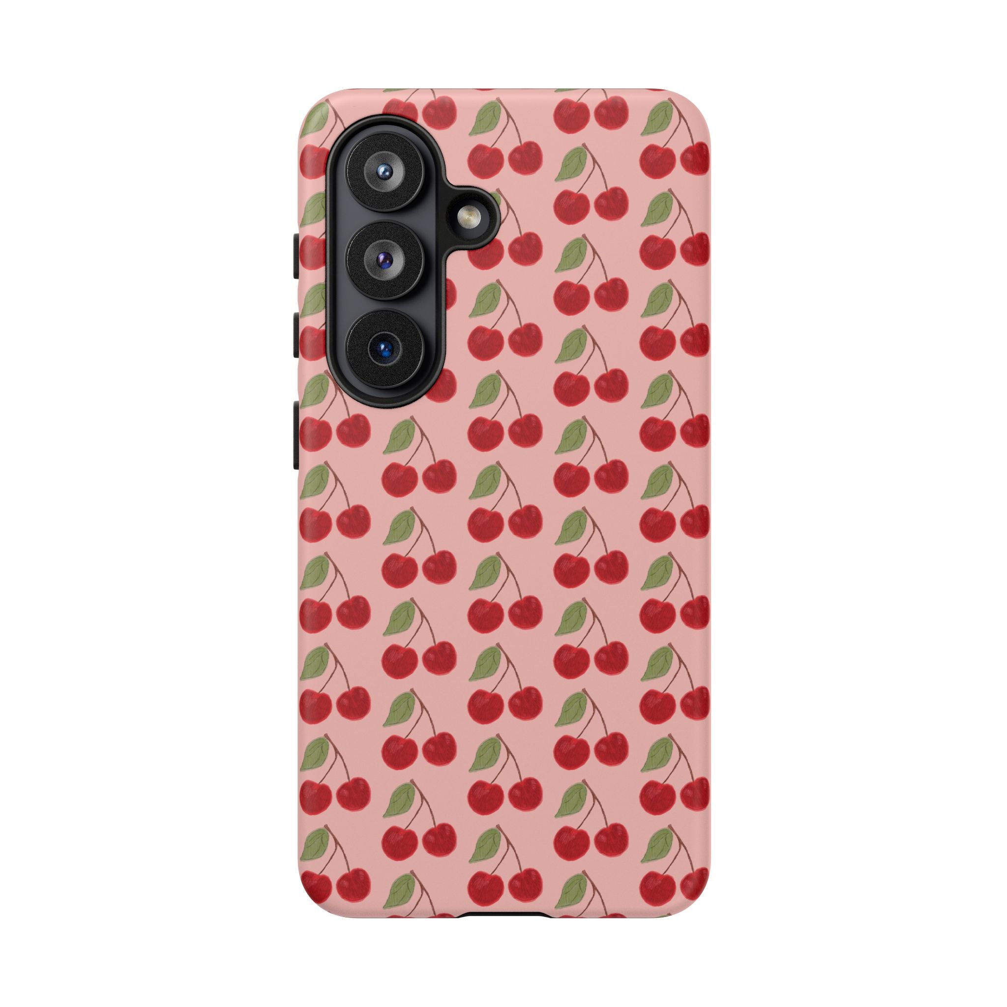 Cherry Pattern Tough Phone Case — Cute Pink Retro Fruit Protective Cover