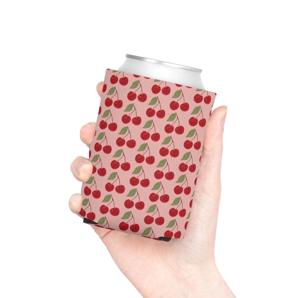Cherry Pattern Can Cooler — Retro Pink Cherry Drink Koozie
