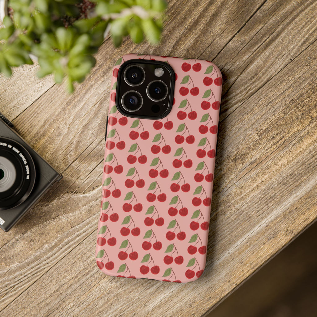 Cherry Pattern Tough Phone Case — Cute Pink Retro Fruit Protective Cover